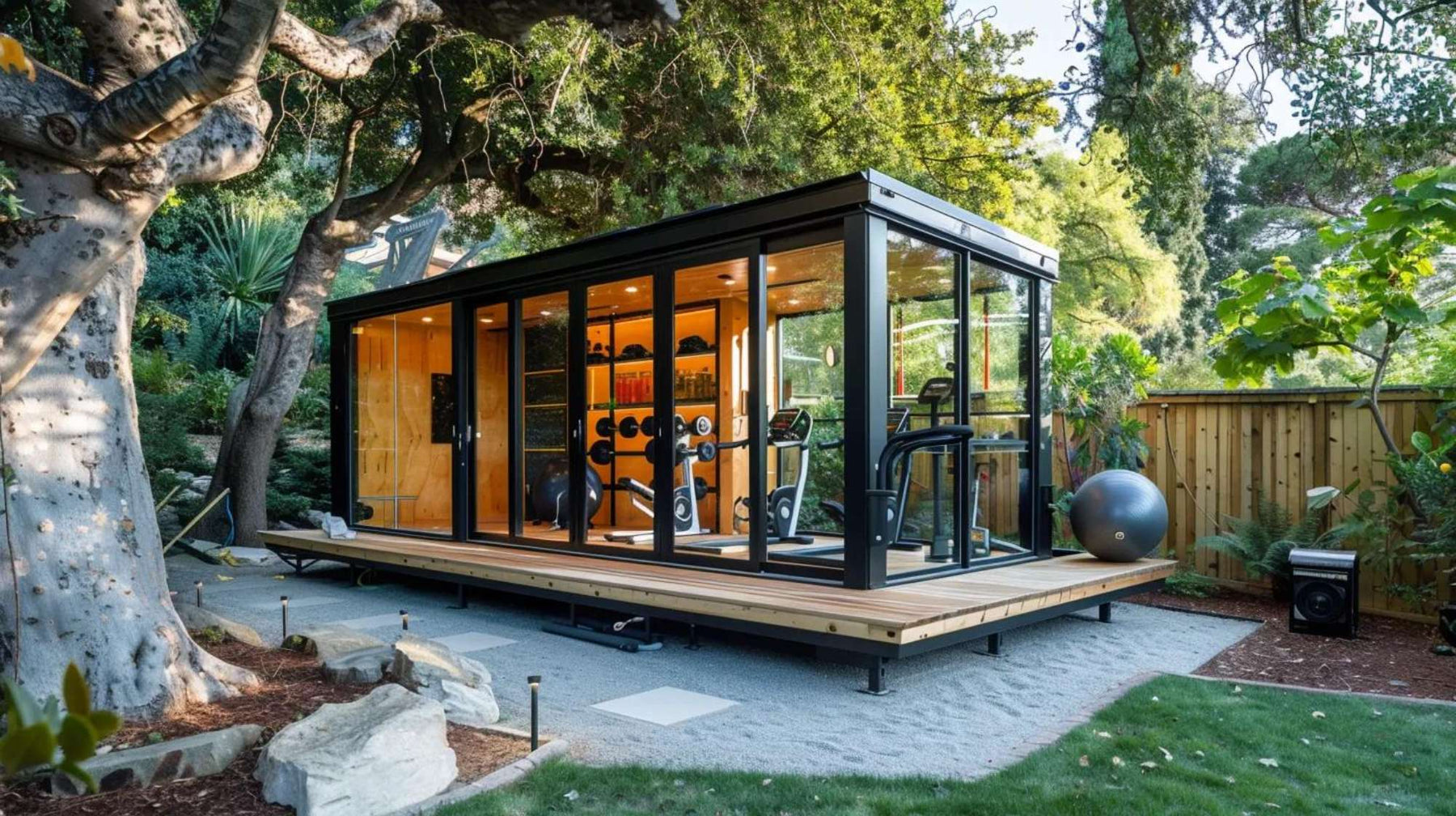 A modern glass-walled garden house for gym sits on a raised wooden deck in a green backyard, showing exercise equipment inside and surrounded by trees, plants, and a wooden fence