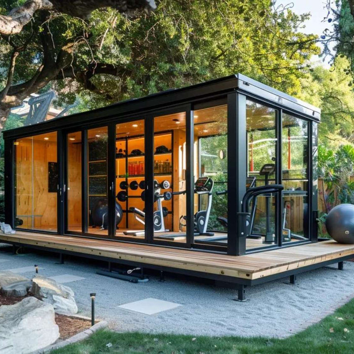 A modern glass-walled garden house for gym sits on a raised wooden deck in a green backyard, showing exercise equipment inside and surrounded by trees, plants, and a wooden fence