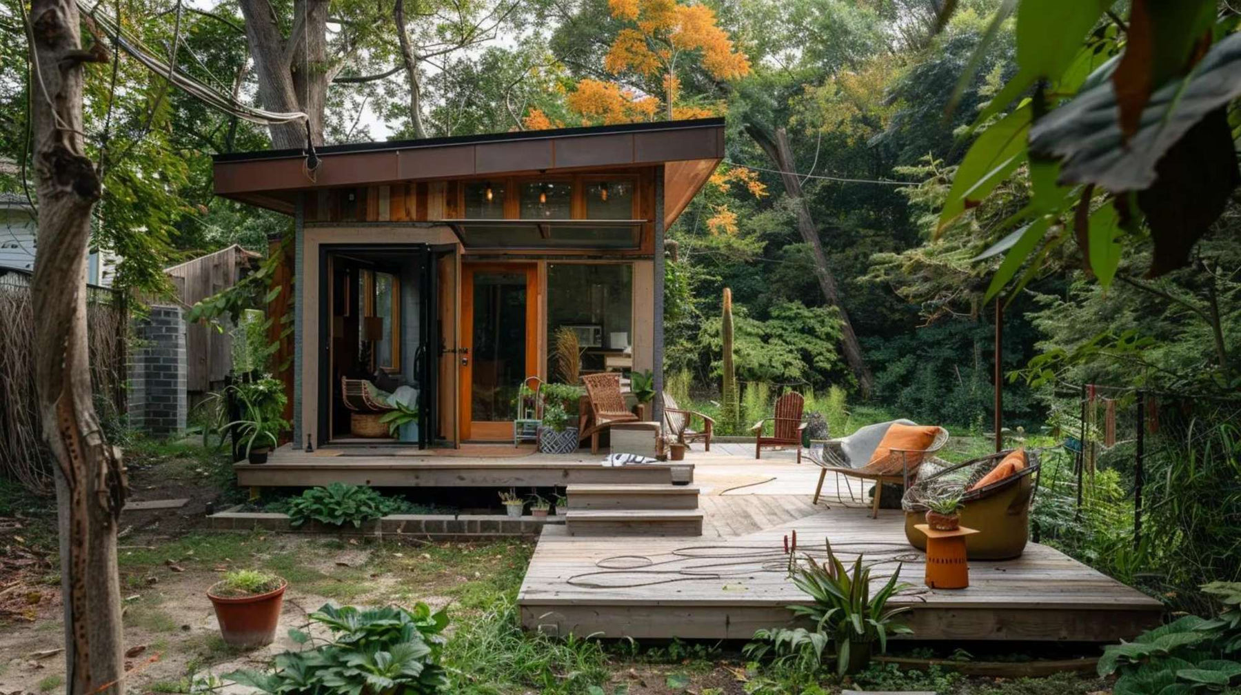 A modern micro homes prefab sits in a wooded backyard, featuring a compact glass-front cabin with a wooden deck, outdoor chairs, and surrounding trees and plants