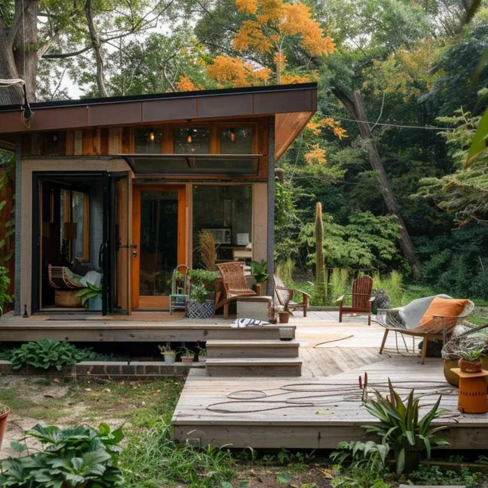 A modern micro homes prefab sits in a wooded backyard, featuring a compact glass-front cabin with a wooden deck, outdoor chairs, and surrounding trees and plants