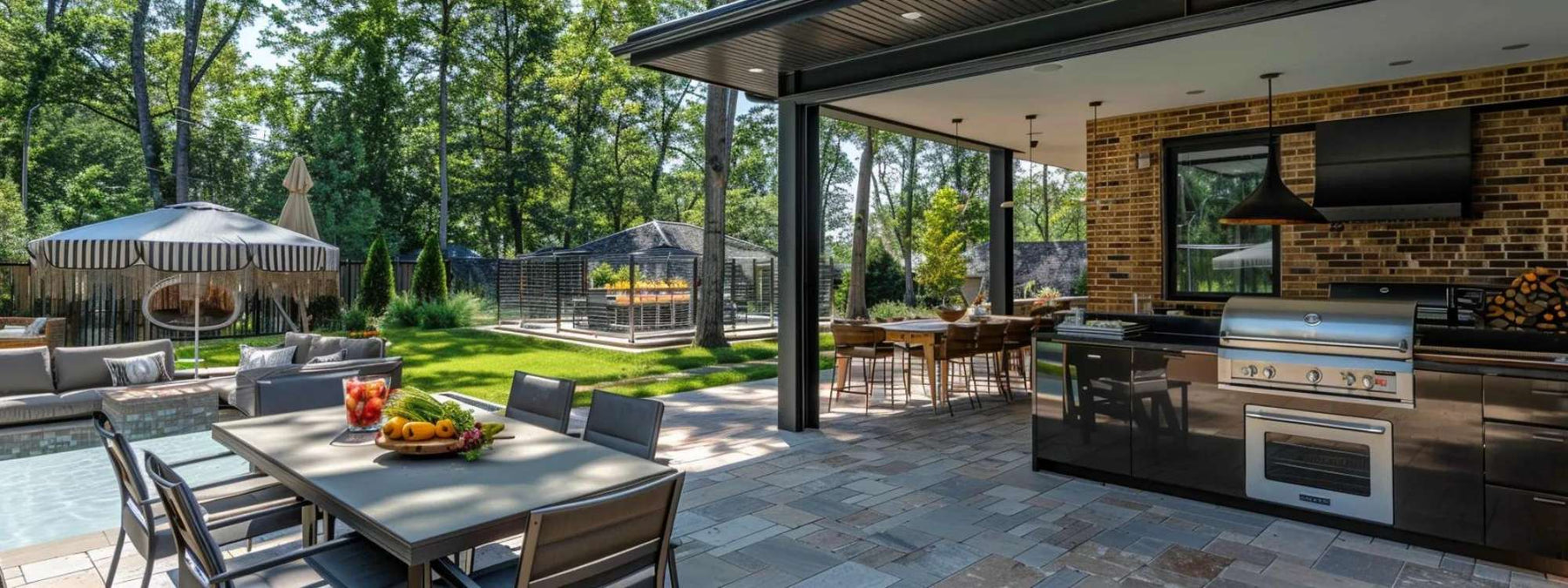 A modern outdoor kitchen with a built-in grill and oven demonstrates how to set up a summer outdoor kitchen for both cooking and entertaining