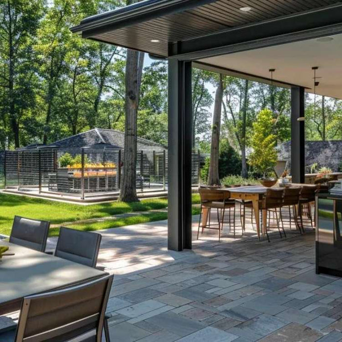 A modern outdoor kitchen with a built-in grill and oven demonstrates how to set up a summer outdoor kitchen for both cooking and entertaining