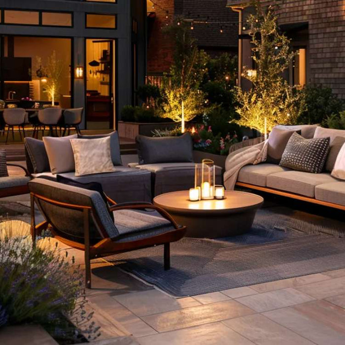 A modern outdoor space with candles and plants, illustrating how to design outdoor living spaces on a budget