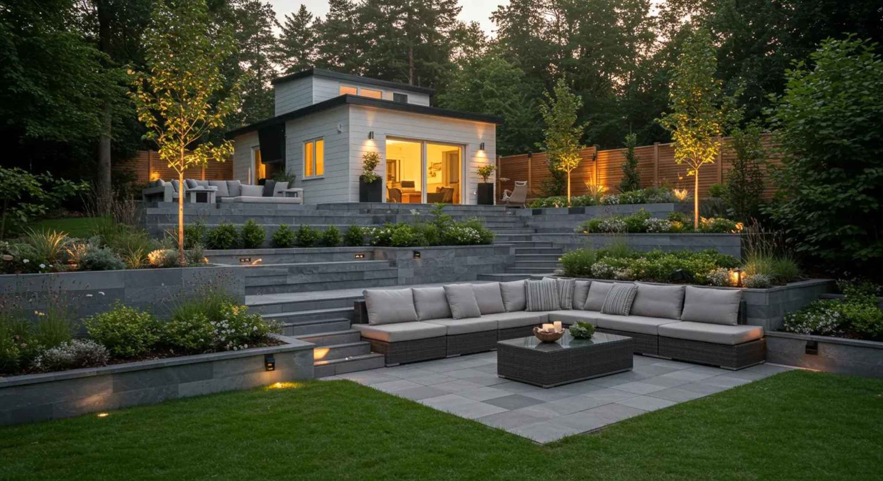 A modern terraced backyard with stone retaining walls and layered garden beds, showing one of the Top 8 Sloped Backyard Ideas for turning uneven land into elegant outdoor rooms
