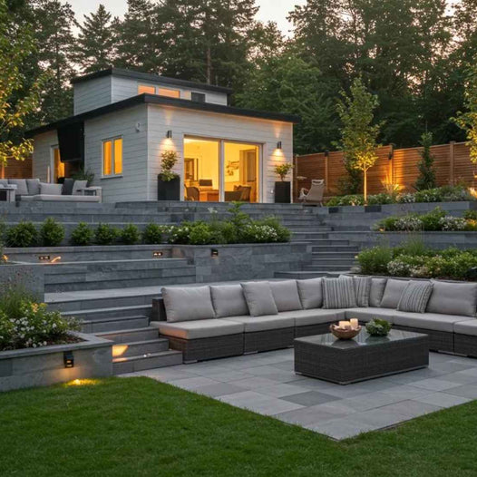 A modern terraced backyard with stone retaining walls and layered garden beds, showing one of the Top 8 Sloped Backyard Ideas for turning uneven land into elegant outdoor rooms