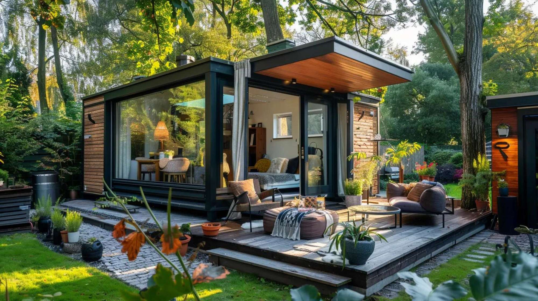 A modern tiny home with large windows on a wooden deck in a green setting, showing the type of home people ask about when wondering can tiny homes be insured