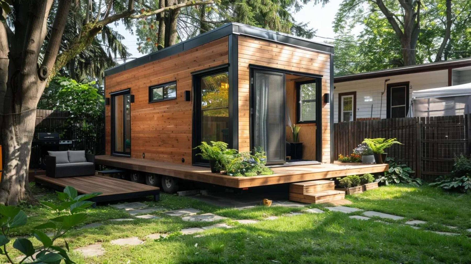 A modern tiny home with wood siding in a green backyard, showing what small living can look like when asking can tiny homes be financed