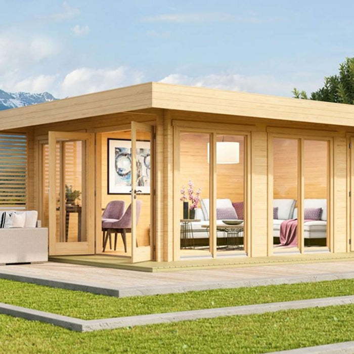A modern wooden garden house with shed sits in a landscaped yard with large glass doors and mountains in the background