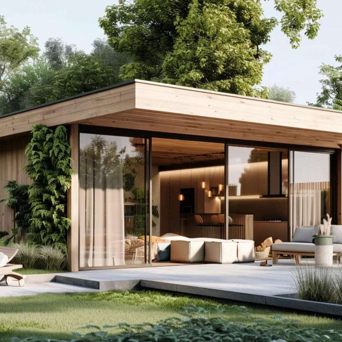 A modern wooden shed with glass walls, lush greenery, and cozy seating perfectly illustrates What Is a She Shed as a stylish backyard retreat