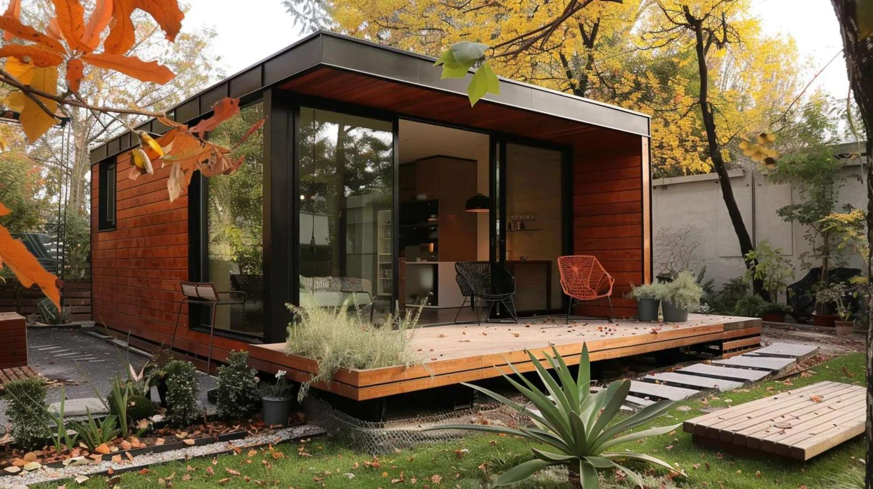 A modern wooden tiny home with large glass doors sits in a quiet autumn garden, helping illustrate what is the smallest livable tiny home