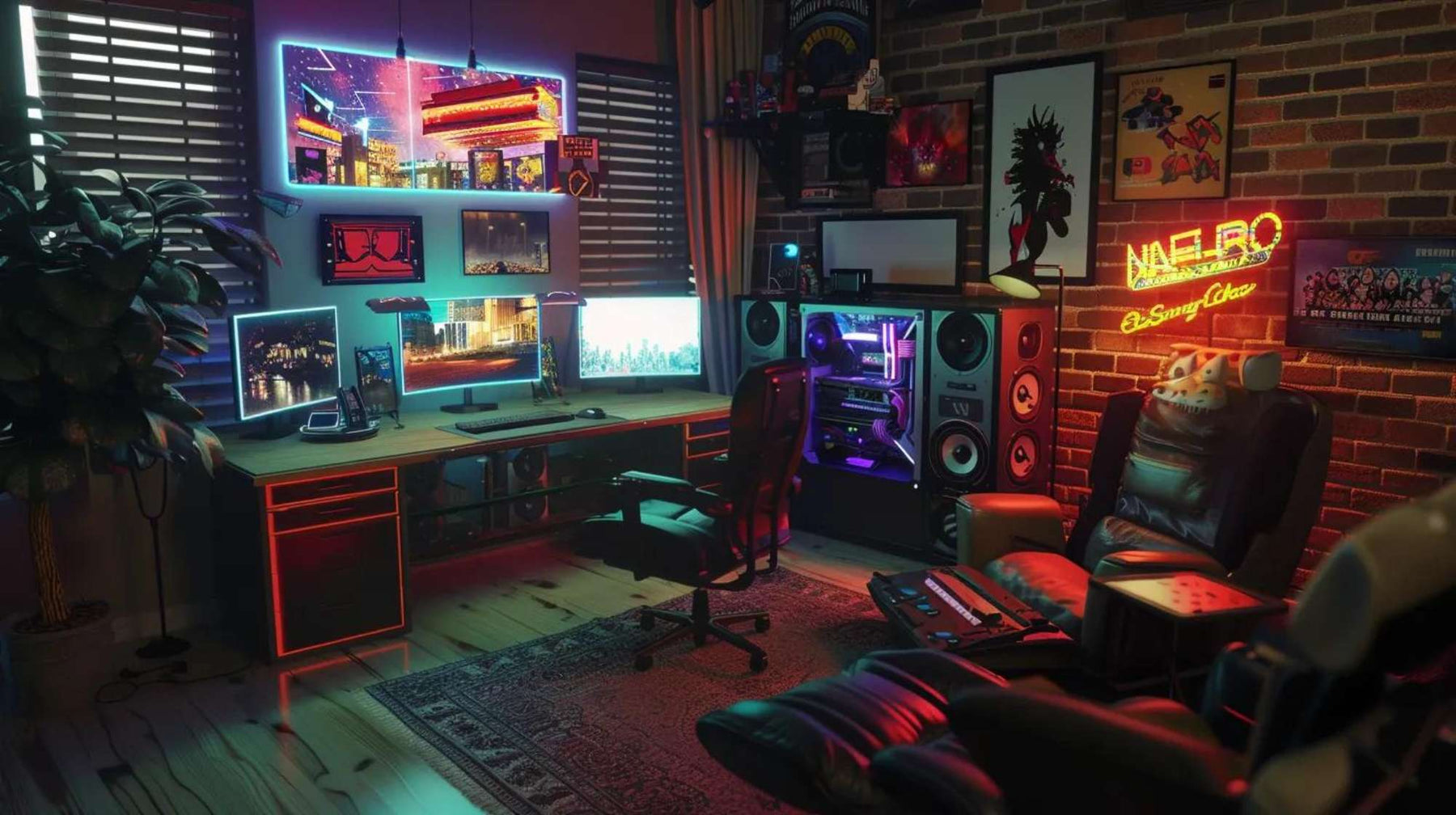 A neon-lit game room for boys filled with multiple glowing monitors, wall art, and a large gaming PC beside a cozy reclining chair