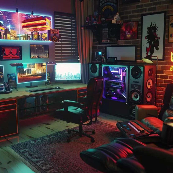 A neon-lit game room for boys filled with multiple glowing monitors, wall art, and a large gaming PC beside a cozy reclining chair