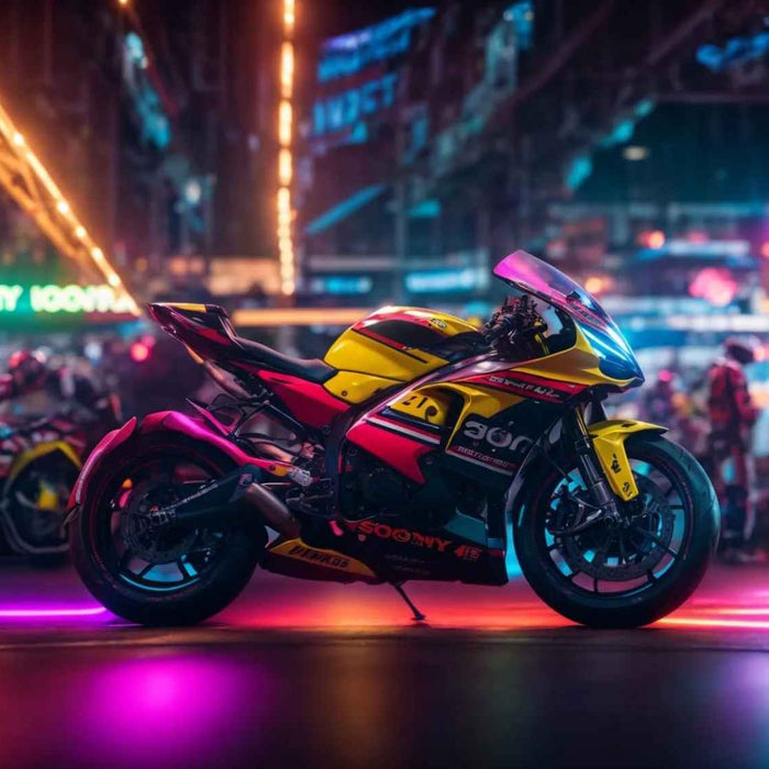 A neon-lit motorcycle sits on a glowing street, surrounded by arcade-style racers, perfect for learning Moto GP Arcade Speed Hacks