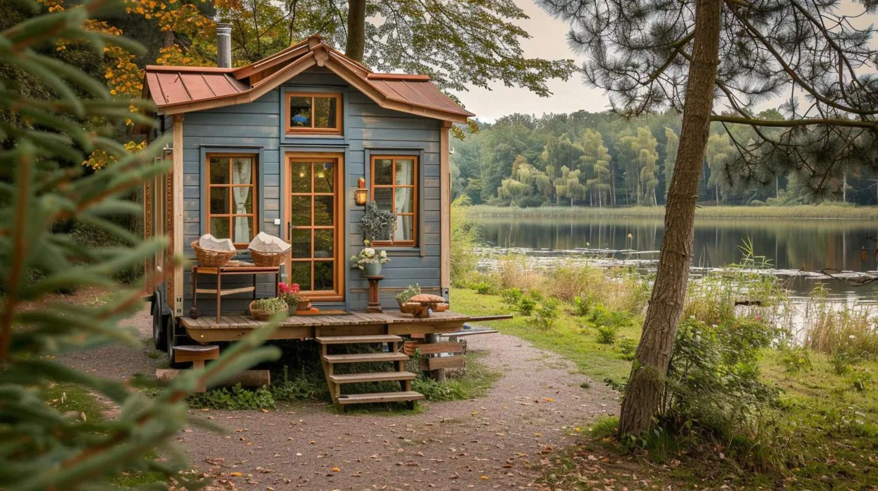 A peaceful She Shed for Crafting rests near a lake under tall trees, blending rustic charm with a cozy, creative atmosphere