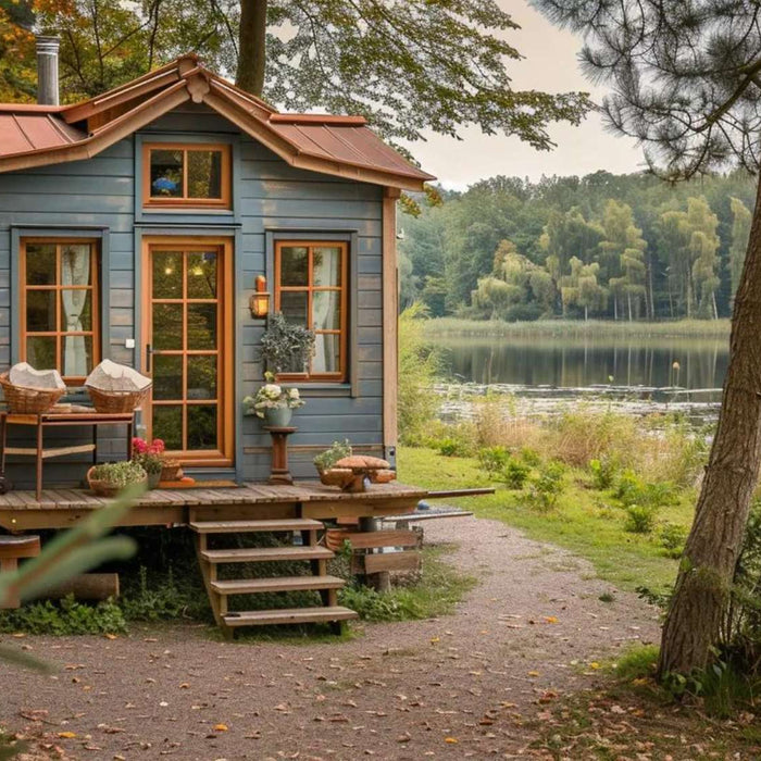 A peaceful She Shed for Crafting rests near a lake under tall trees, blending rustic charm with a cozy, creative atmosphere