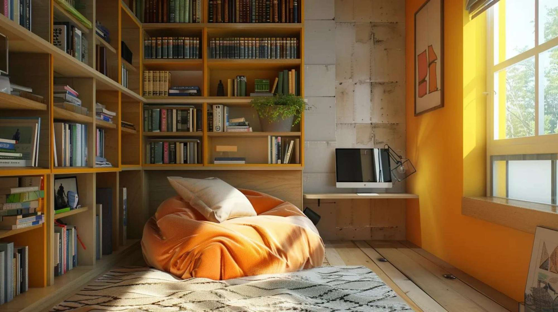 A peaceful She Shed for Reading with natural light, a comfy orange bean bag, and books neatly stacked on wooden shelves lining the walls