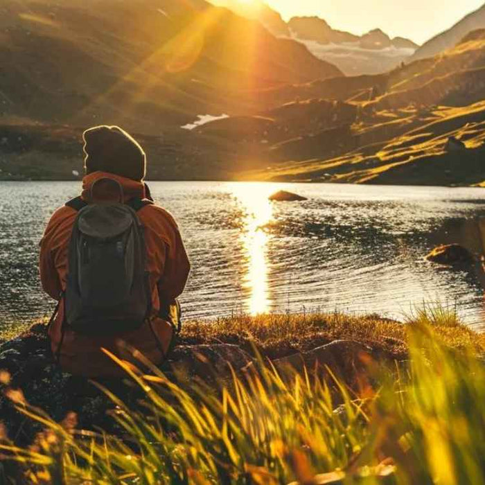 A person sits quietly by a lake at sunset, soaking in the peaceful view, showing the calming Benefits of Outdoor Activities for Health