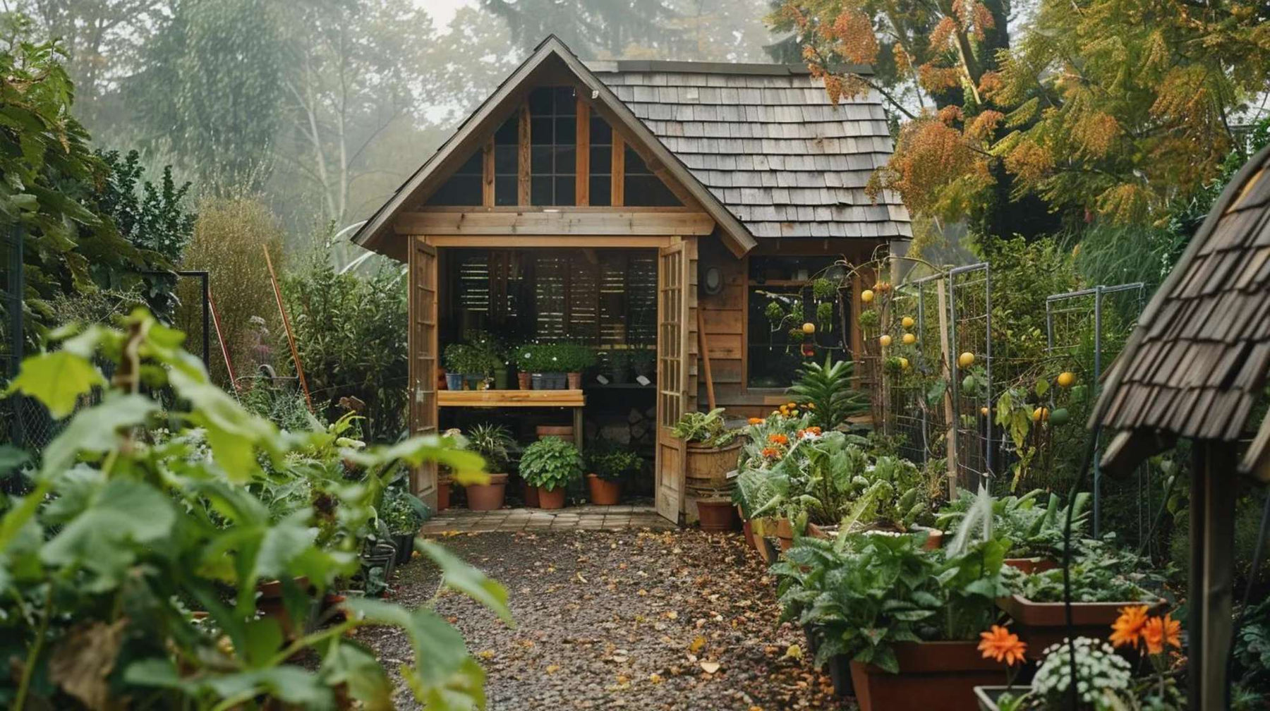 A serene Garden House for Plants sits nestled in a vibrant garden filled with fresh produce and blooming flowers