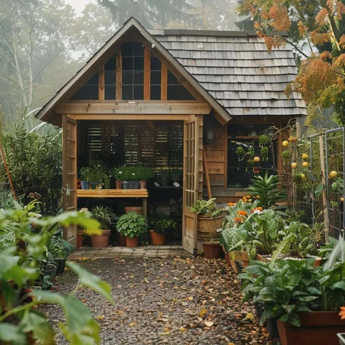 A serene Garden House for Plants sits nestled in a vibrant garden filled with fresh produce and blooming flowers
