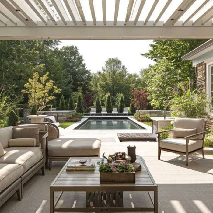 A shaded patio with modern aluminium pergola, plush seating, and ceiling fan shows how to Beat the Heat With Smart Outdoor Living Solutions in style