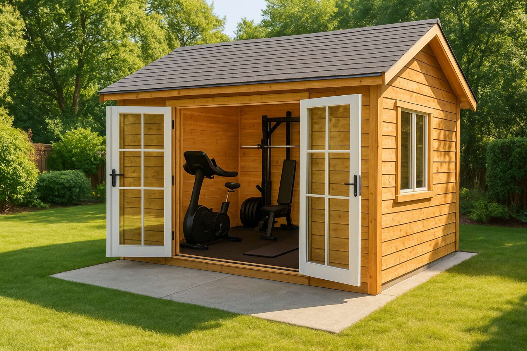 A she shed for gym with open doors shows a wooden interior holding a bike, weight bench, and barbell in a bright backyard