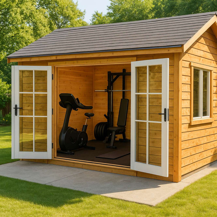 A she shed for gym with open doors shows a wooden interior holding a bike, weight bench, and barbell in a bright backyard