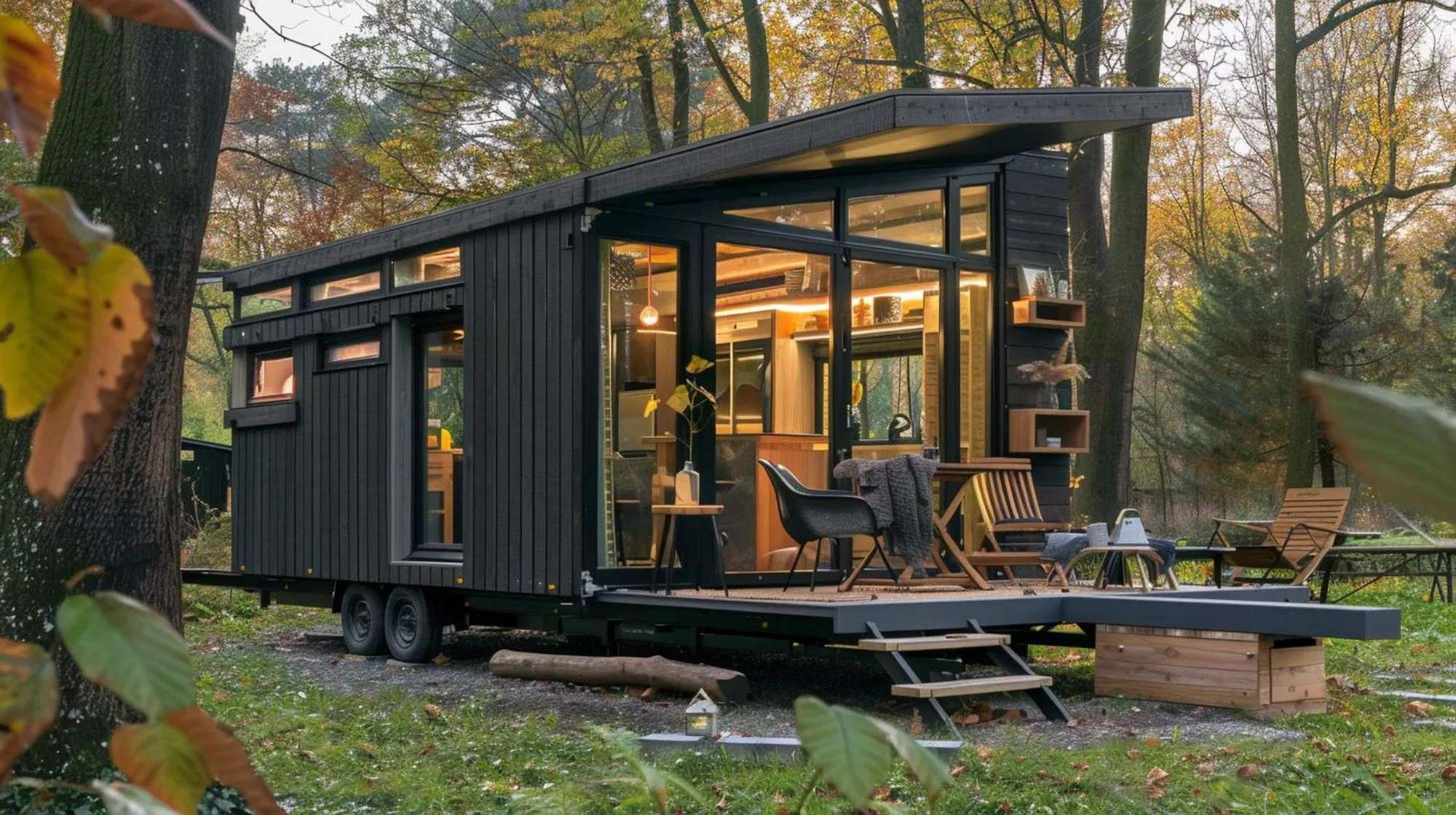 A sleek black tiny home with large windows and a cozy deck in the woods, showing what type of foundation is best for tiny homes