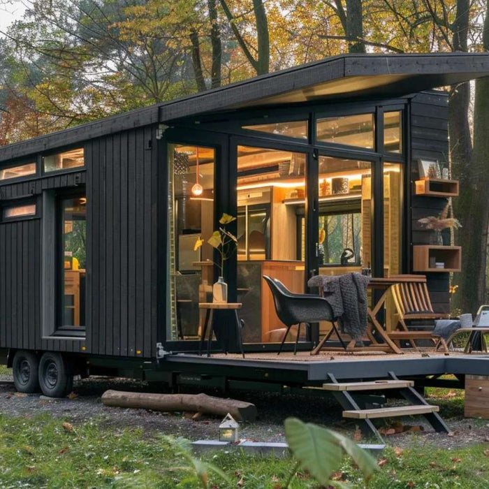 A sleek black tiny home with large windows and a cozy deck in the woods, showing what type of foundation is best for tiny homes