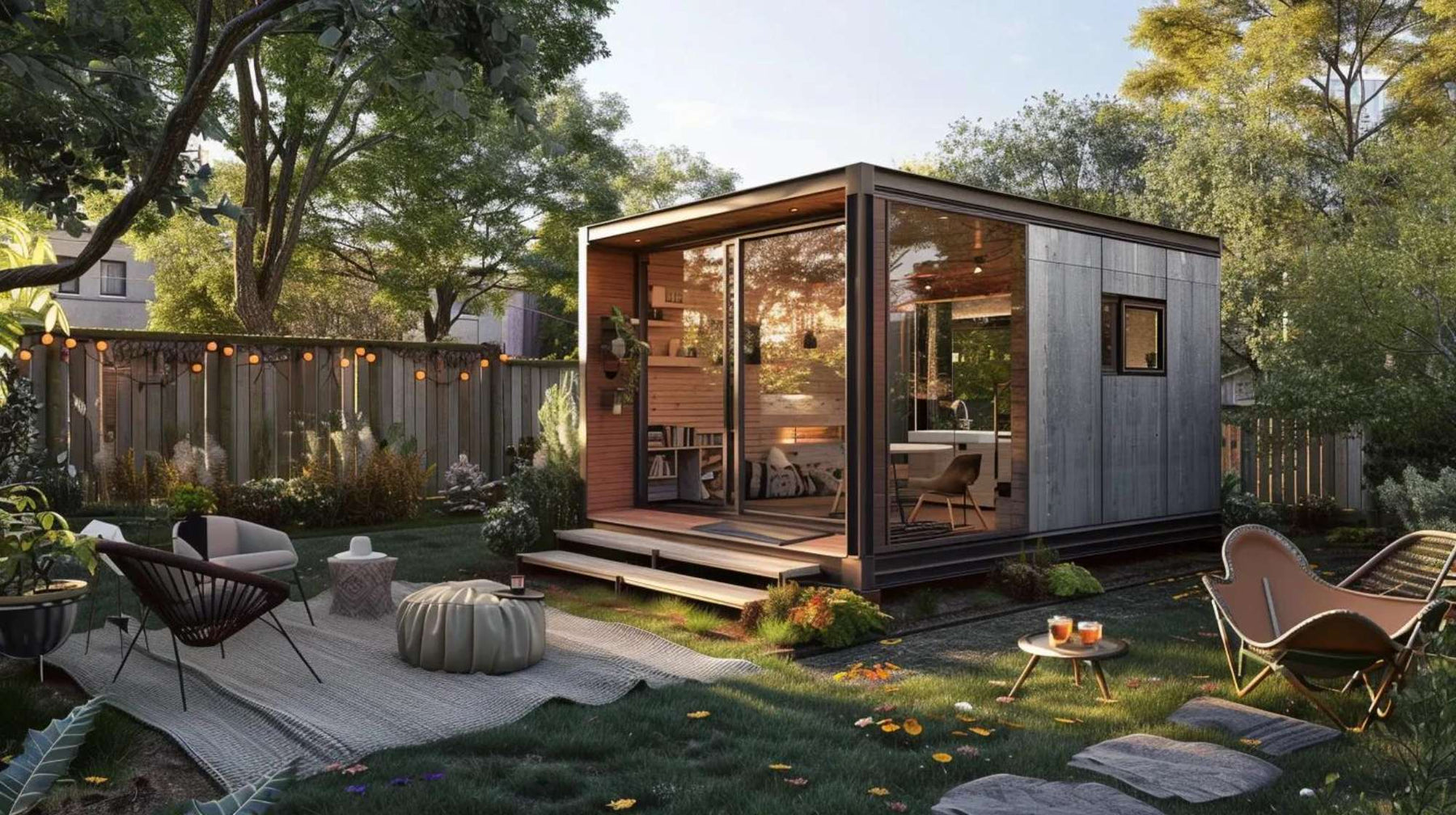 A sleek, glass-walled micro home blends with its green garden setting, showing what are micro homes that balance nature and modern comfort