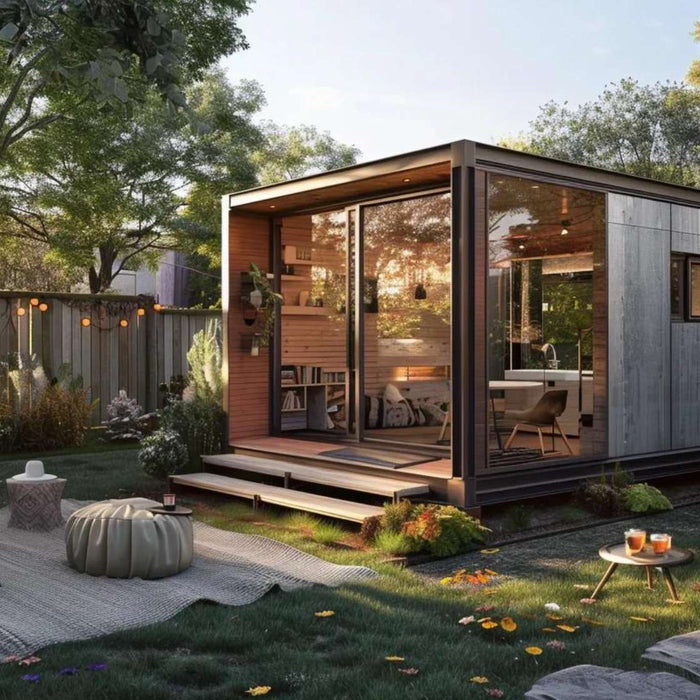 A sleek, glass-walled micro home blends with its green garden setting, showing what are micro homes that balance nature and modern comfort