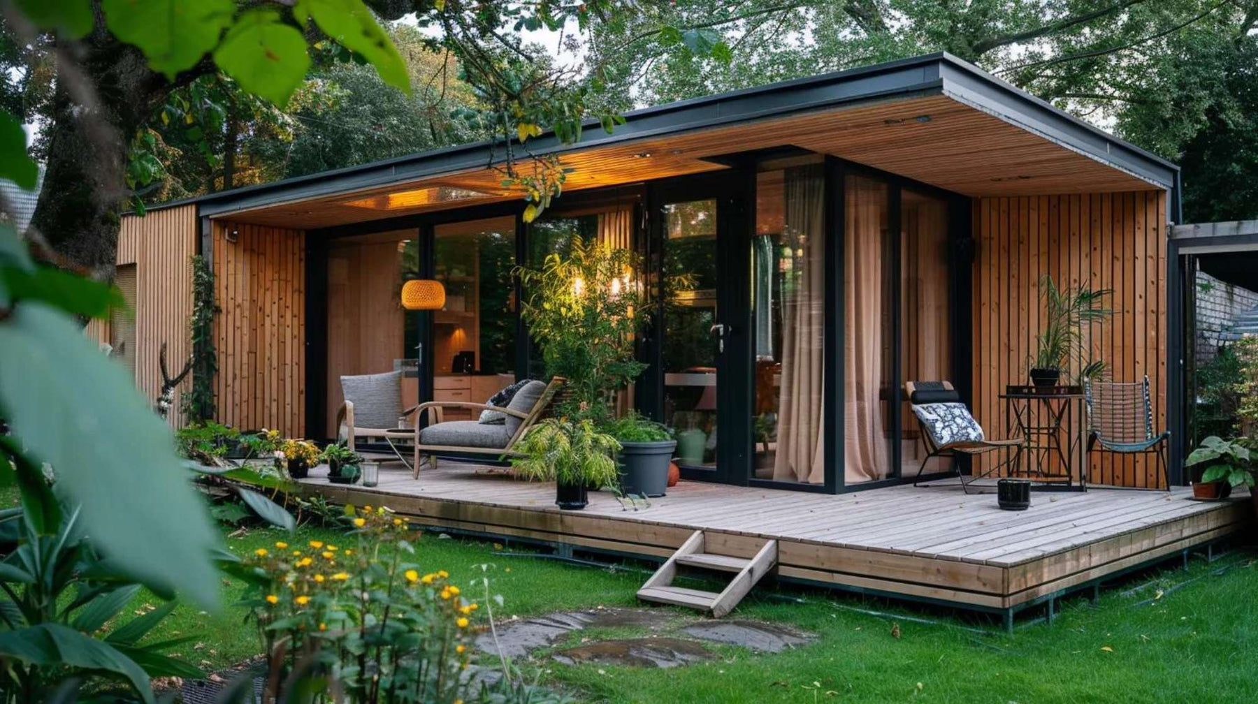 A sleek she shed for women with floor-to-ceiling glass doors, cozy seating, warm lighting, and a wooden deck nestled among trees