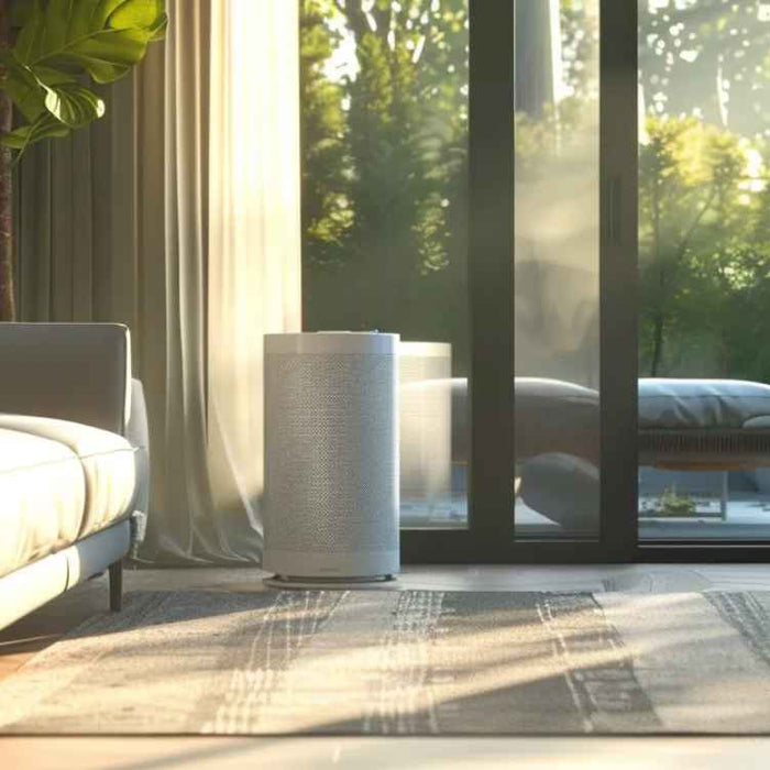A sleek, white Tobacco Smoke Removal Air Purifiers stands in a stylish home setting, blending seamlessly with the furniture and decor