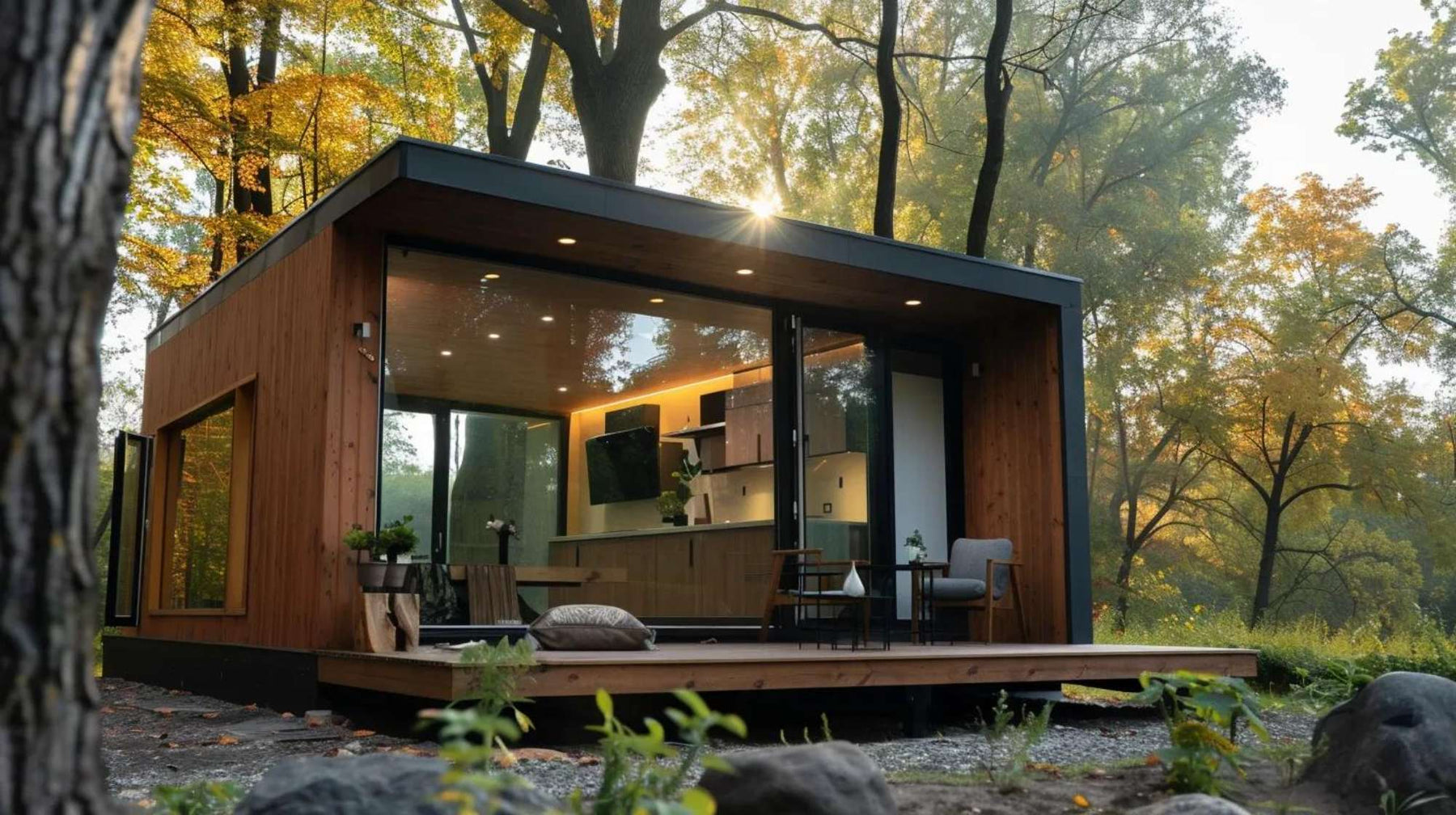 A sleek wooden micro home with large glass windows sits among autumn trees, showcasing the Micro Homes vs. Tiny Homes balance of style and simplicity