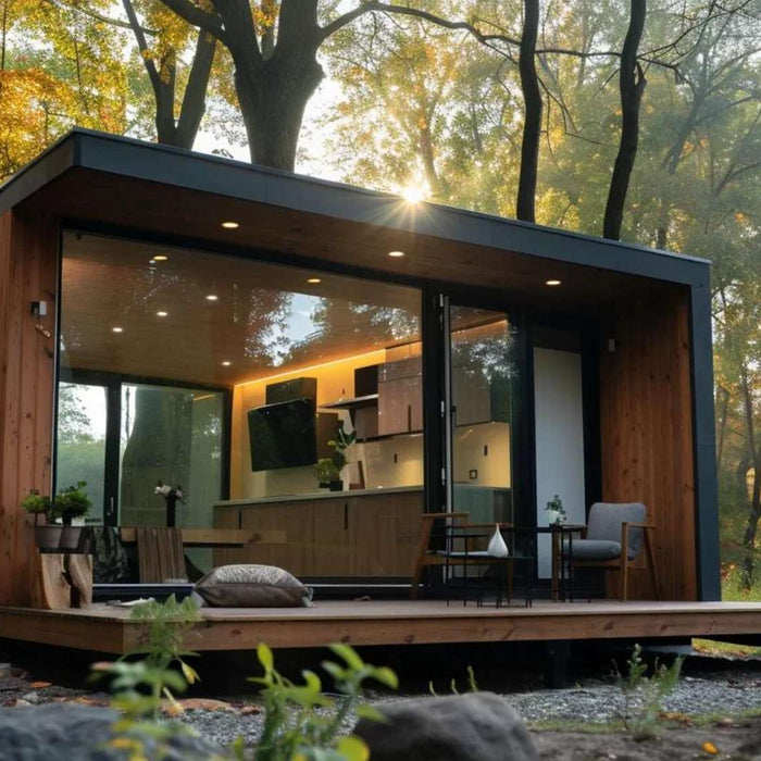 A sleek wooden micro home with large glass windows sits among autumn trees, showcasing the Micro Homes vs. Tiny Homes balance of style and simplicity