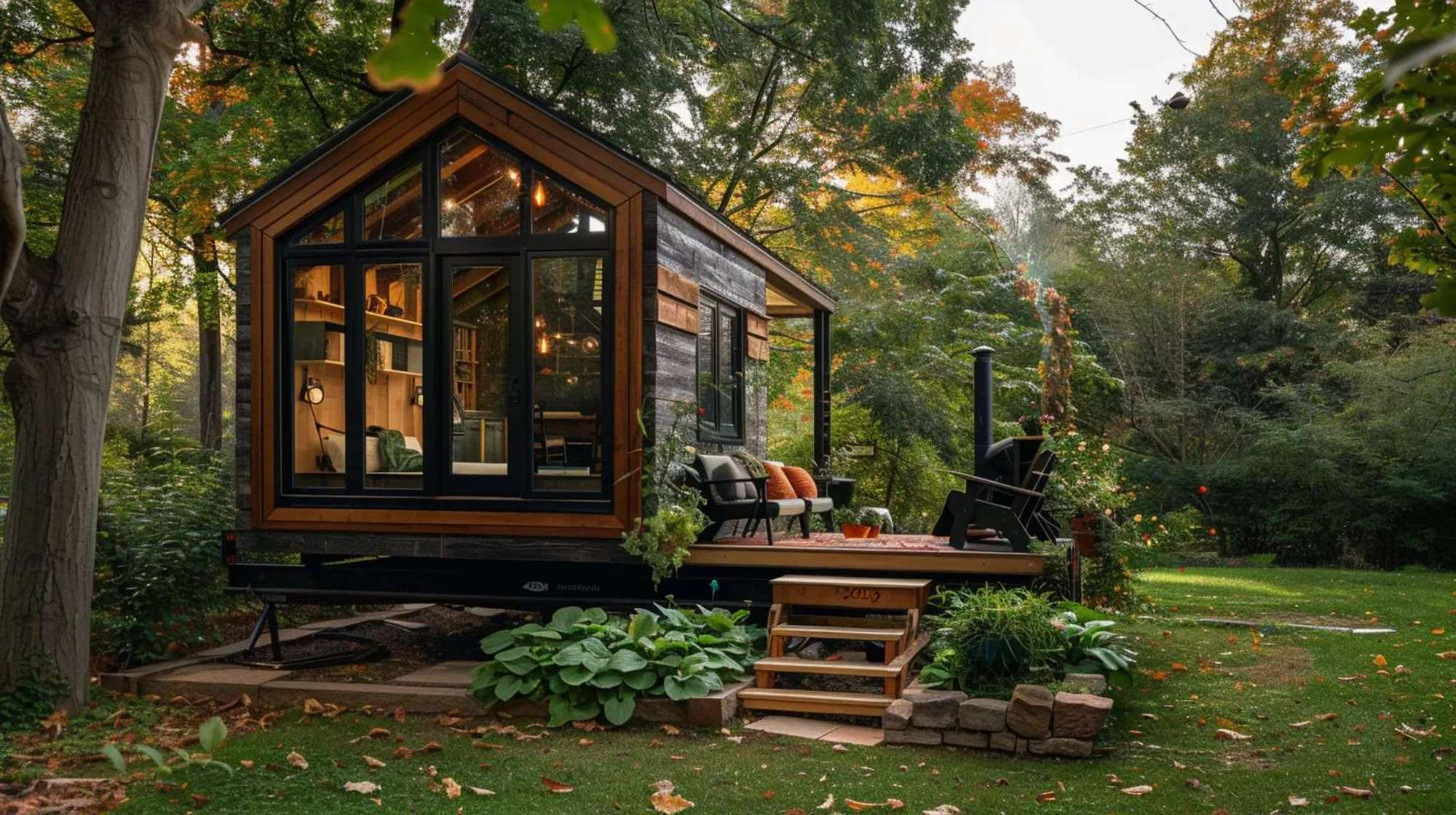 A small elevated tiny house with black trim and warm wooden siding stands in a peaceful garden, reflecting how to frame tiny home for outdoor living