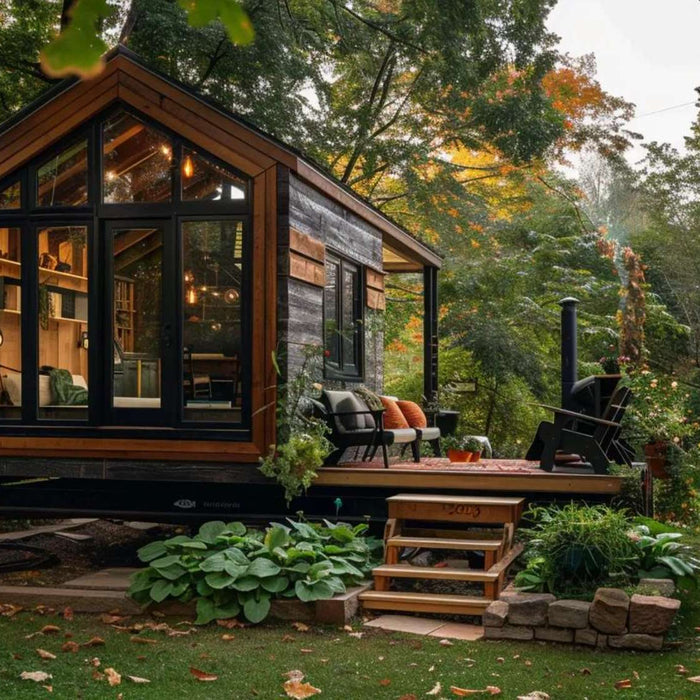 A small elevated tiny house with black trim and warm wooden siding stands in a peaceful garden, reflecting how to frame tiny home for outdoor living