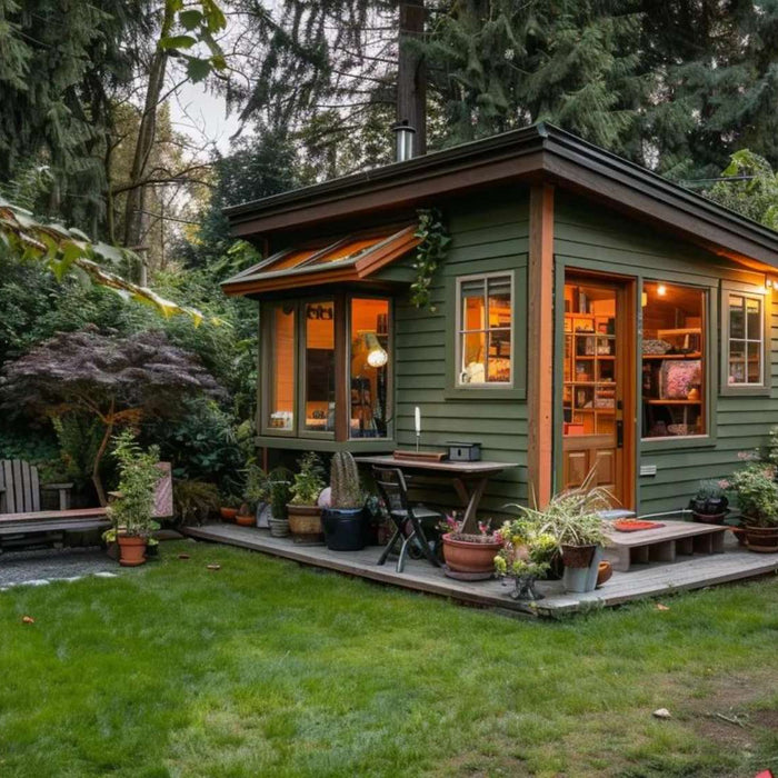 A small green cabin surrounded by trees and garden chairs, perfectly showing how to build a tiny home for peaceful and simple living