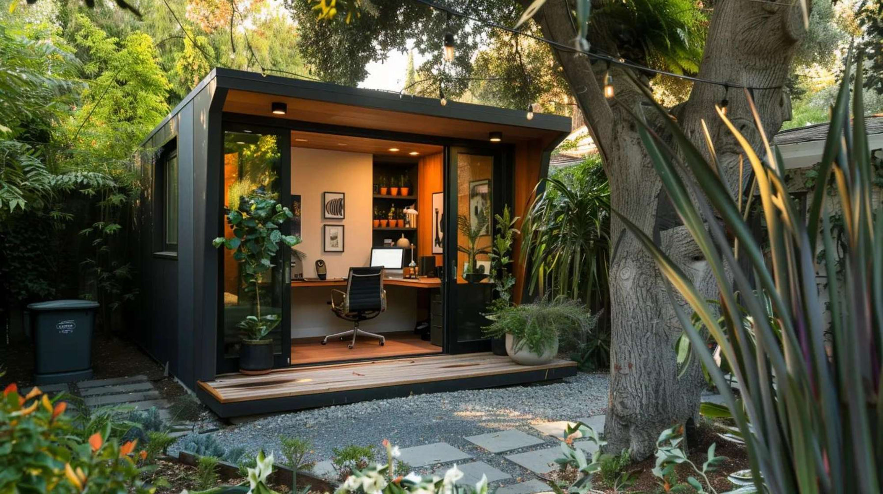 A small modern garden office with glass doors, a desk, and plants, showing how to build an outdoor home office in a quiet backyard space