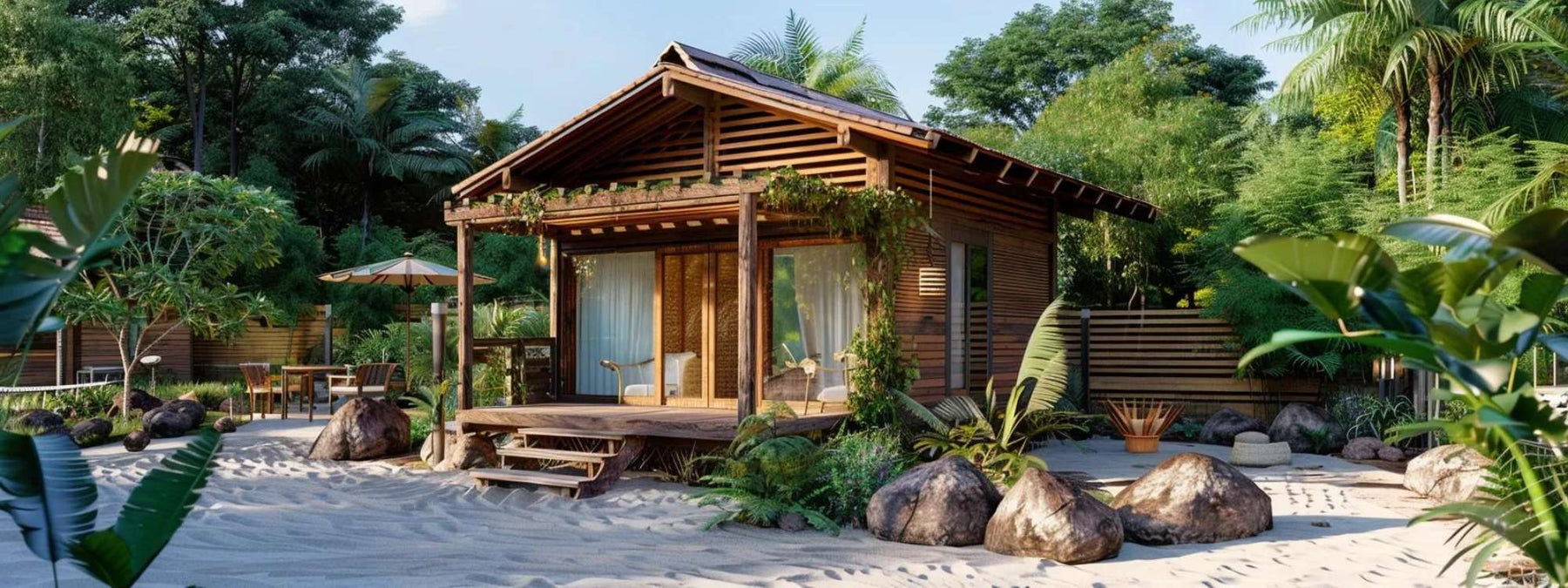 A small tropical-style wooden cabin sits on sandy ground surrounded by palm trees and lush greenery, perfectly capturing the relaxed coastal vibe of a DIY Your Beach-Themed Outdoor Freedom Room