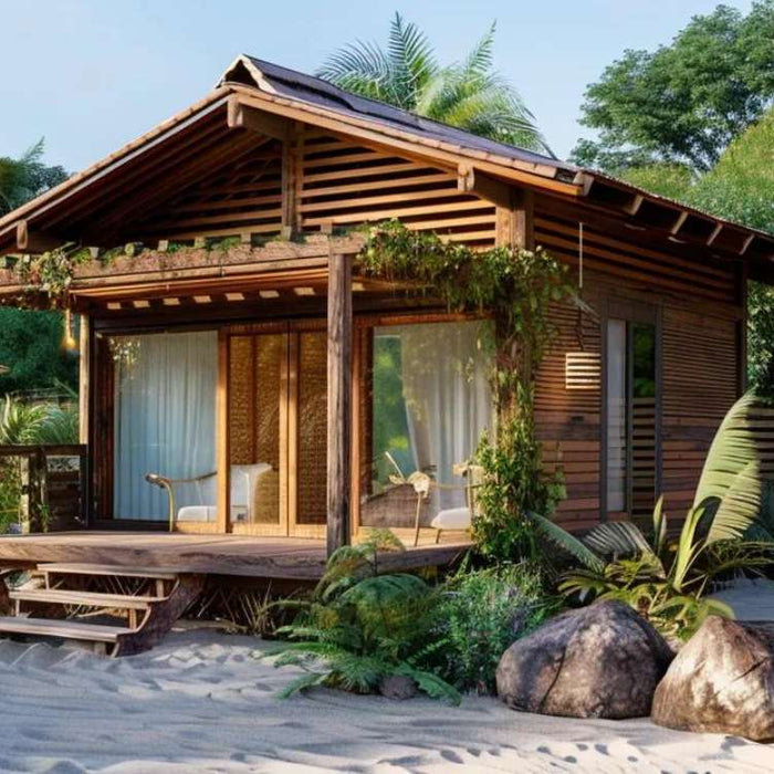 A small tropical-style wooden cabin sits on sandy ground surrounded by palm trees and lush greenery, perfectly capturing the relaxed coastal vibe of a DIY Your Beach-Themed Outdoor Freedom Room