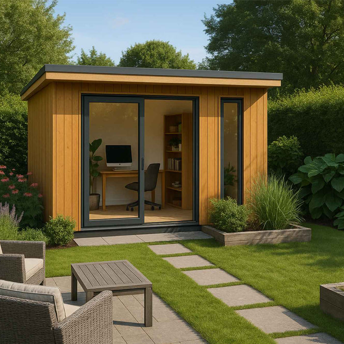 A small wooden building with big glass doors sits in a green backyard with chairs, flowers, and plants, showing Setting Up a Home Office Garden Room