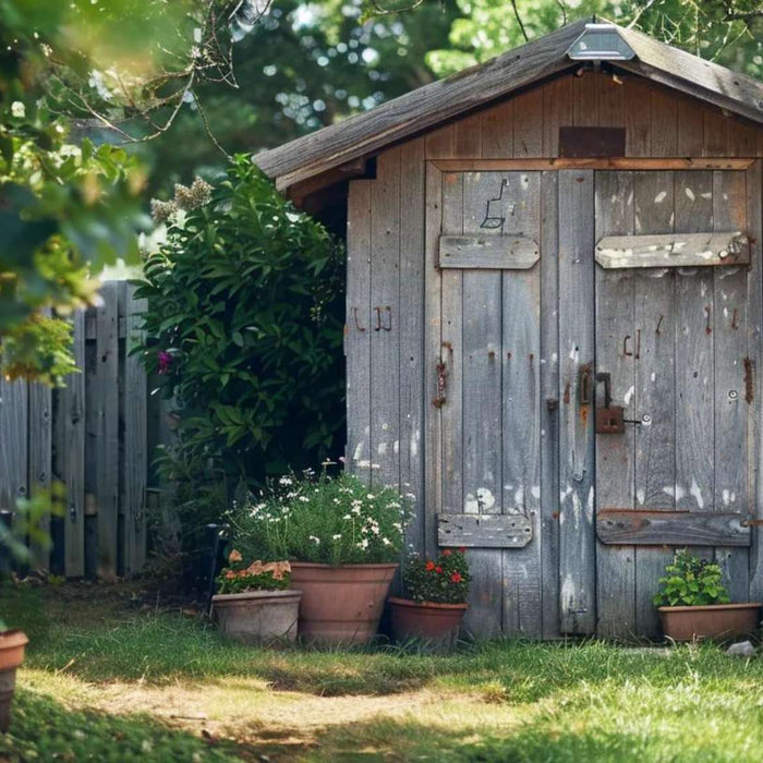 A small wooden garden shed surrounded by plants and trees, showing what time of year is it cheapest to buy a shed based on outdoor seasonal conditions