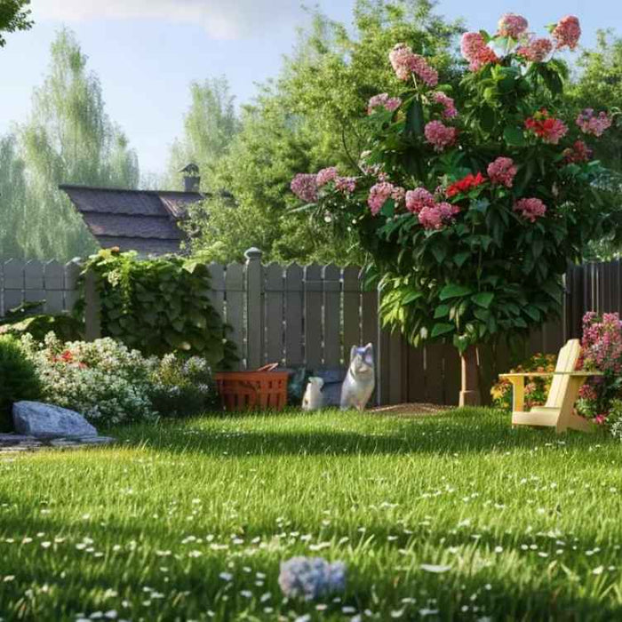A small wooden shed sits in a lush backyard surrounded by blooming flowers, green grass, and garden decor, illustrating the ideal setup for storing the 15 Must-Have Tools for Small Outdoor Sheds