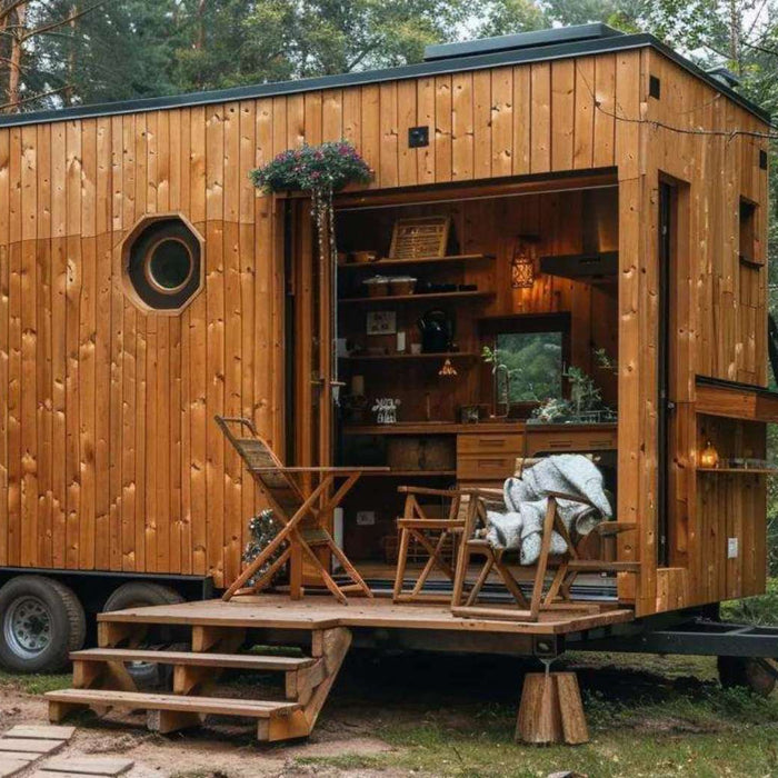 A small wooden tiny home on wheels sits among tall trees, showing the beauty of off-grid living and answering the question, Where Can I Put a Tiny Home