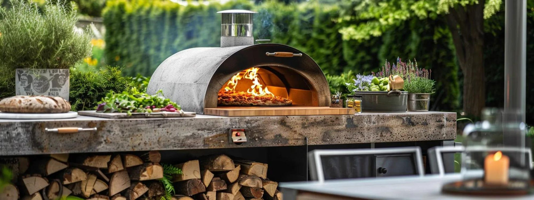 A stone-built outdoor pizza oven with a roaring fire is surrounded by fresh herbs and bread, showcasing Why Buy an Outdoor Natural Gas Pizza Oven for a functional and aesthetic backyard upgrade