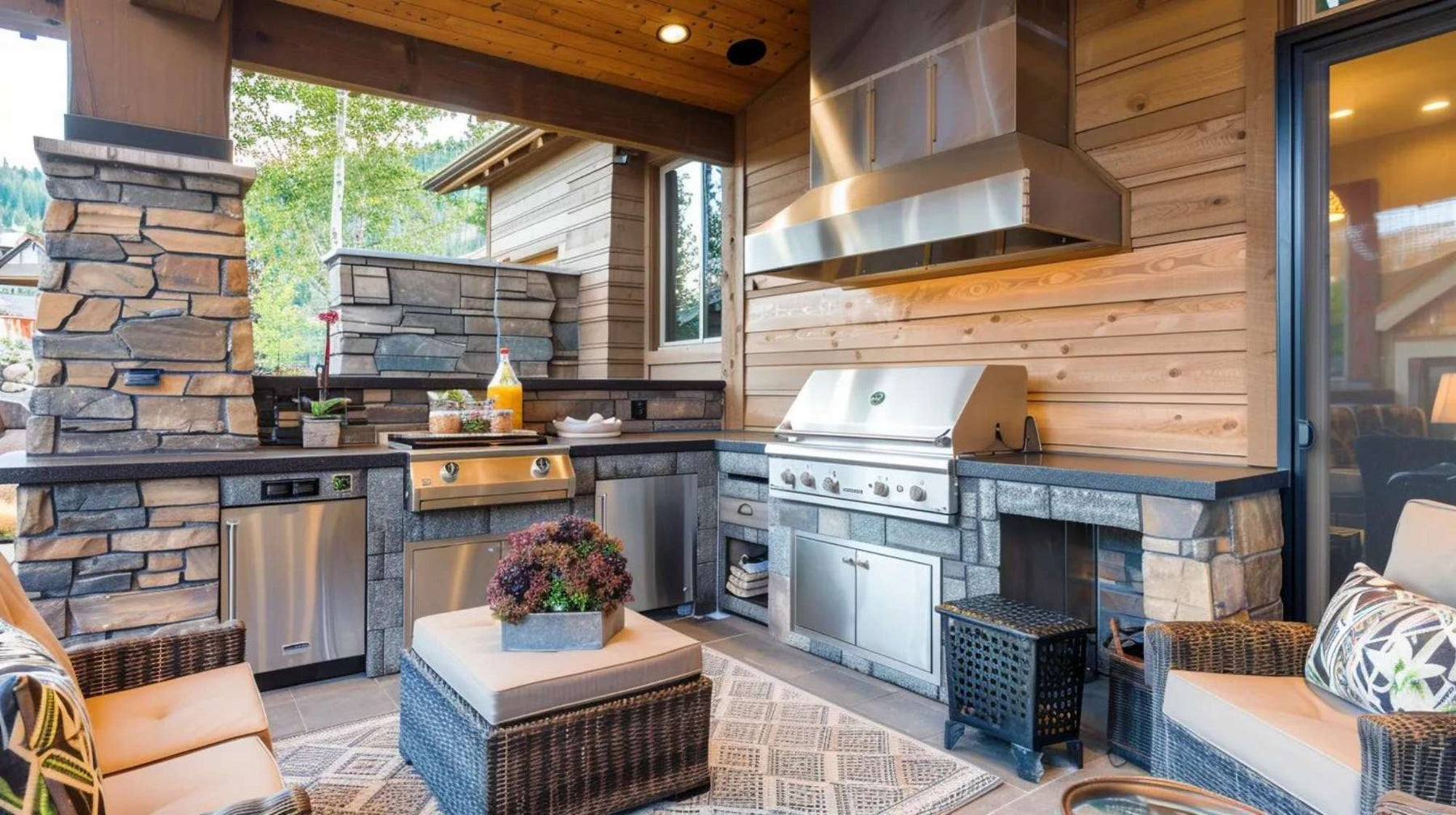 A stone and wood outdoor cooking area with built-in appliances and seating, showing what is an outdoor kitchen
