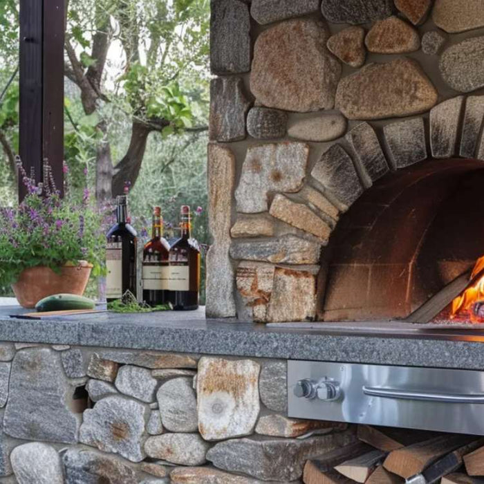 A stone wood fire pizza oven with stacked firewood and wine sets the scene for tricks for how to use wood fire pizza oven in outdoor cooking