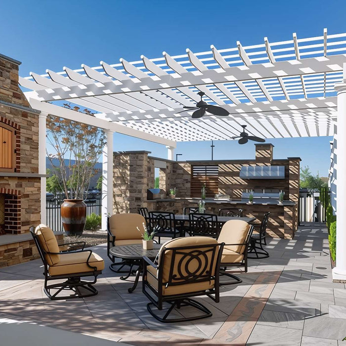 A stylish backyard with stone fireplace, ceiling fans, and cozy seating shows How to Furnish Under a Pergola for comfort, shade, and outdoor dining