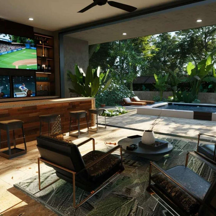 A stylish man cave with a bar, leather seating, and poolside view shows how to design a man cave that’s both relaxing and refined