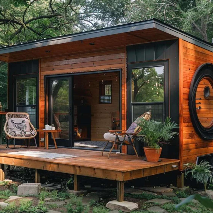 A stylish she shed made of warm-toned wood and black trim rests on a raised deck with outdoor chairs, offering a peaceful answer to Can I Build a She Shed on My Property